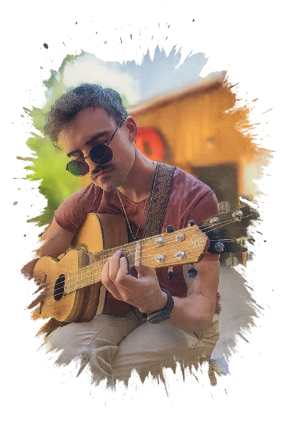 photo de Tom jouant de la guitare et du ukulele en même temps